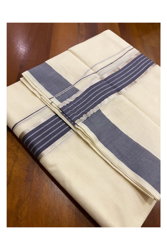 Kerala Cotton Double Mundu with Dark Grey and Silver Kasavu Line Border (Onam Mundu 2023)