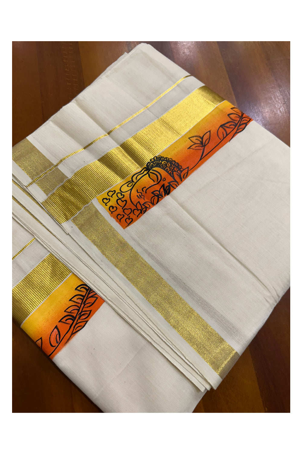 Kerala Pure Cotton Double Mundu with Hand Painted Designs on Kasavu Border(South Indian Kerala Dhoti)