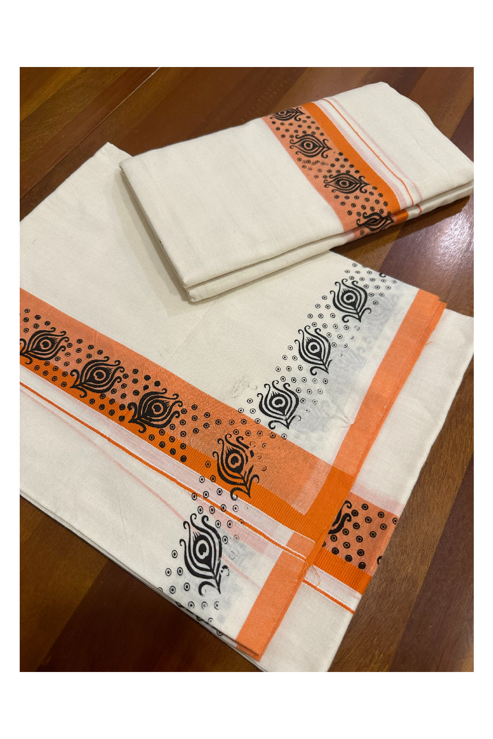 Kerala Cotton Set Mundu (Mundum Neriyathum) with Block Prints on Orange Border (Onam Set Mundu 2023)