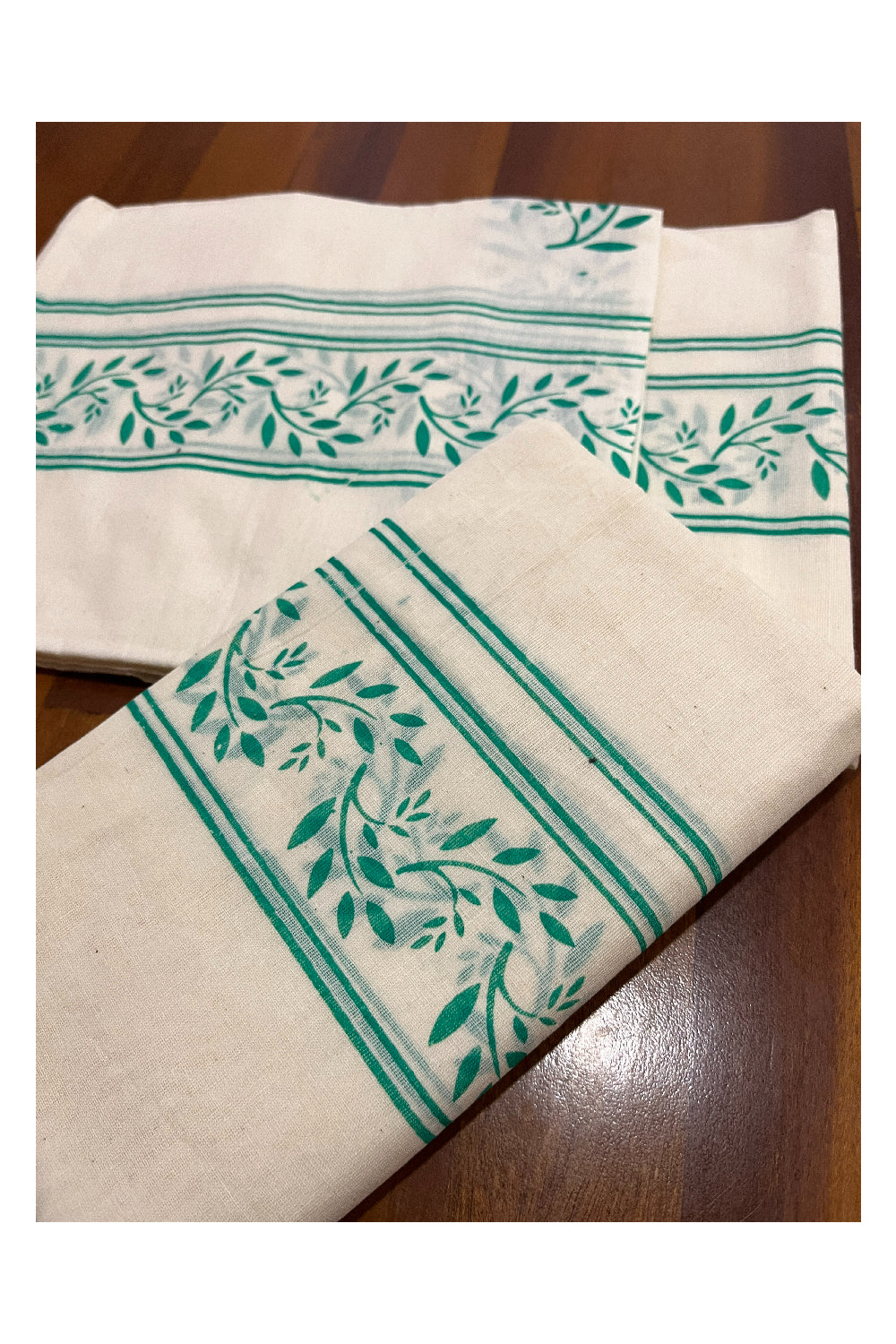 Pure Cotton Kerala Single Set Mundu (Mundum Neriyathum) with Green Block Prints on Border