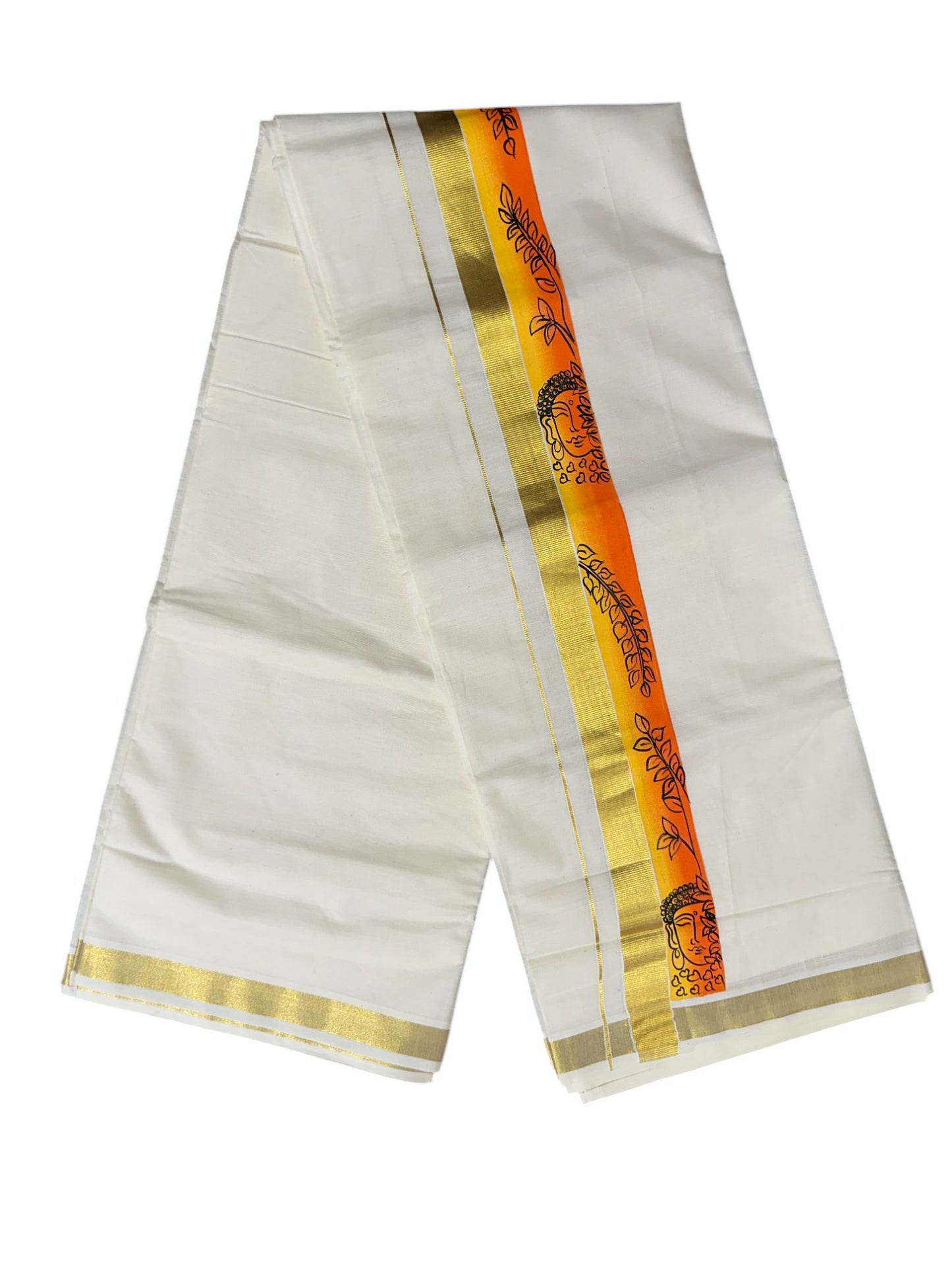 Kerala Pure Cotton Double Mundu with Hand Painted Designs on Kasavu Border(South Indian Kerala Dhoti)