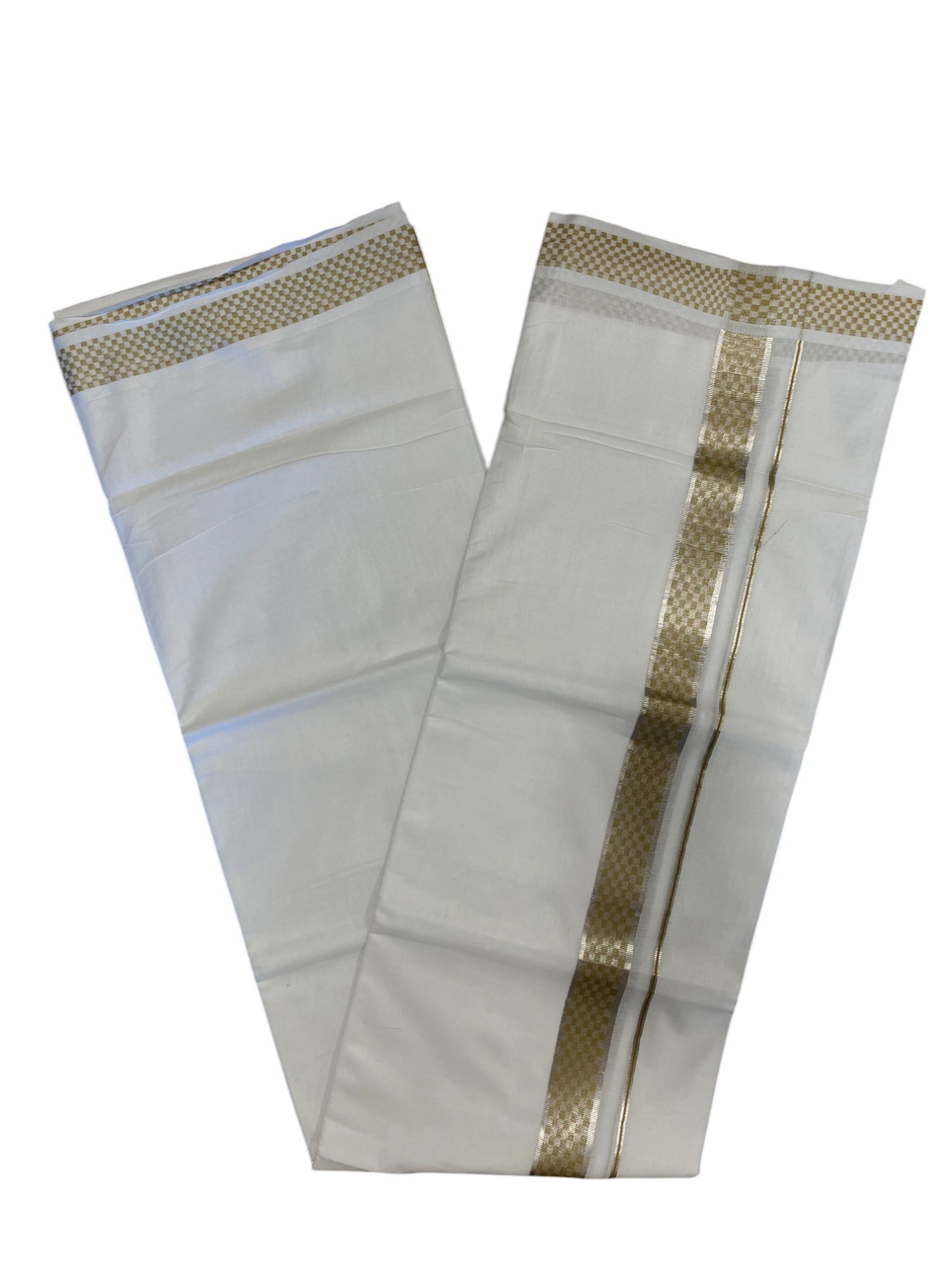 Pure White Cotton Double Mundu with Silver Kasavu and Olive Green Woven Border