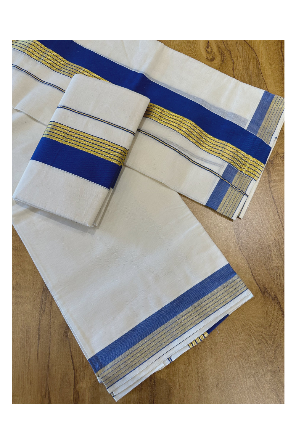 Kerala Cotton Single Set Mundu (Mundum Neriyathum) with Blue and Kasavu Border 2.80 Mtrs (Onam Set Mundu 2023)