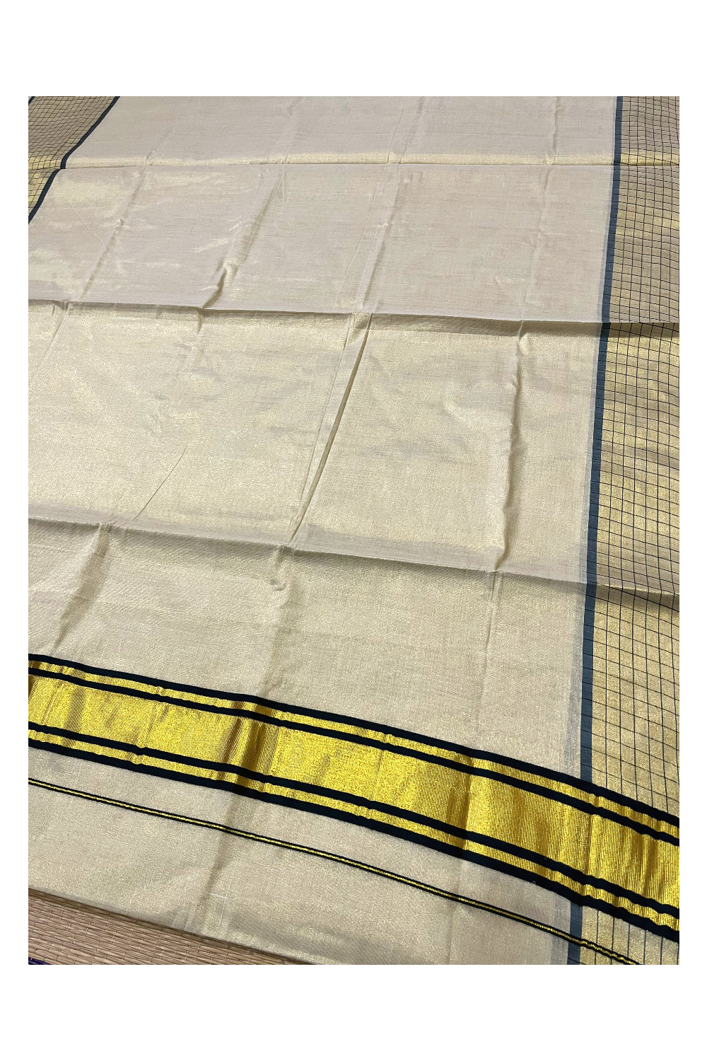 Kerala Tissue Kasavu Saree with Dark Green Check Design Border