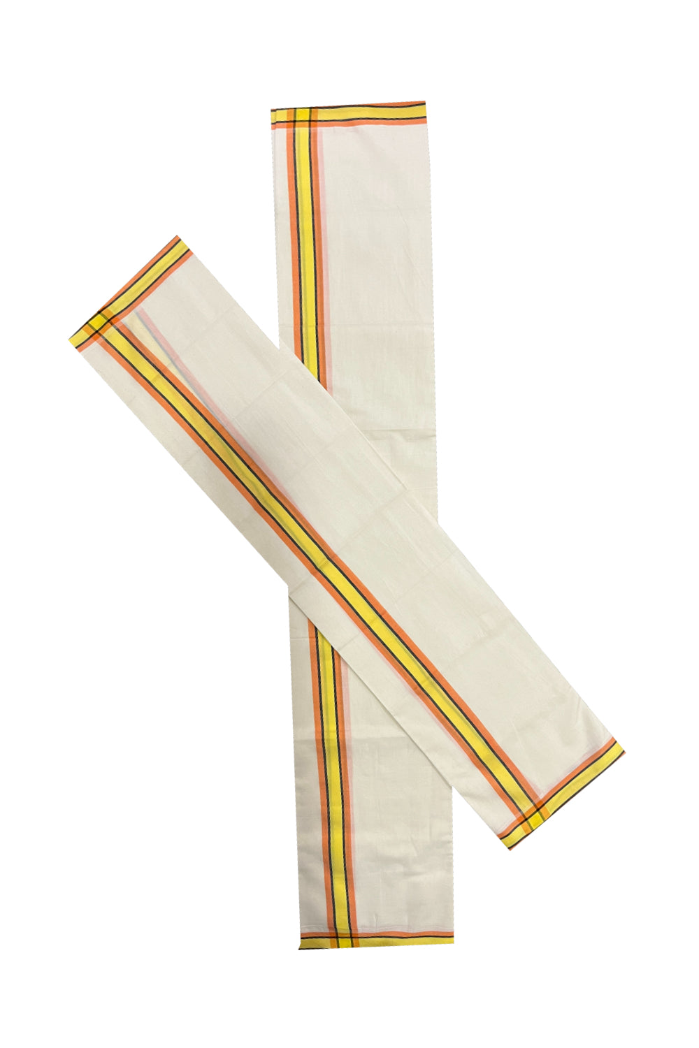 Kerala Cotton Mulloth Single Set Mundu (Mundum Neriyathum) with Yellow and Orange Border (Extra Soft Cotton)