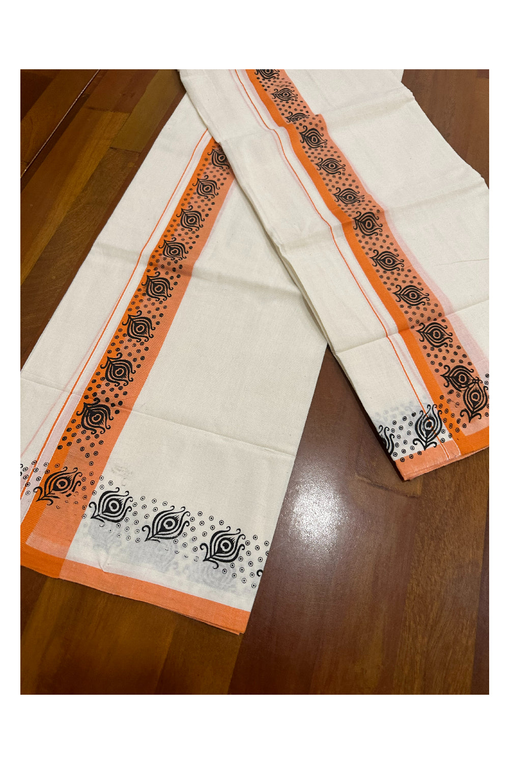 Kerala Cotton Set Mundu (Mundum Neriyathum) with Block Prints on Orange Border (Onam Set Mundu 2023)