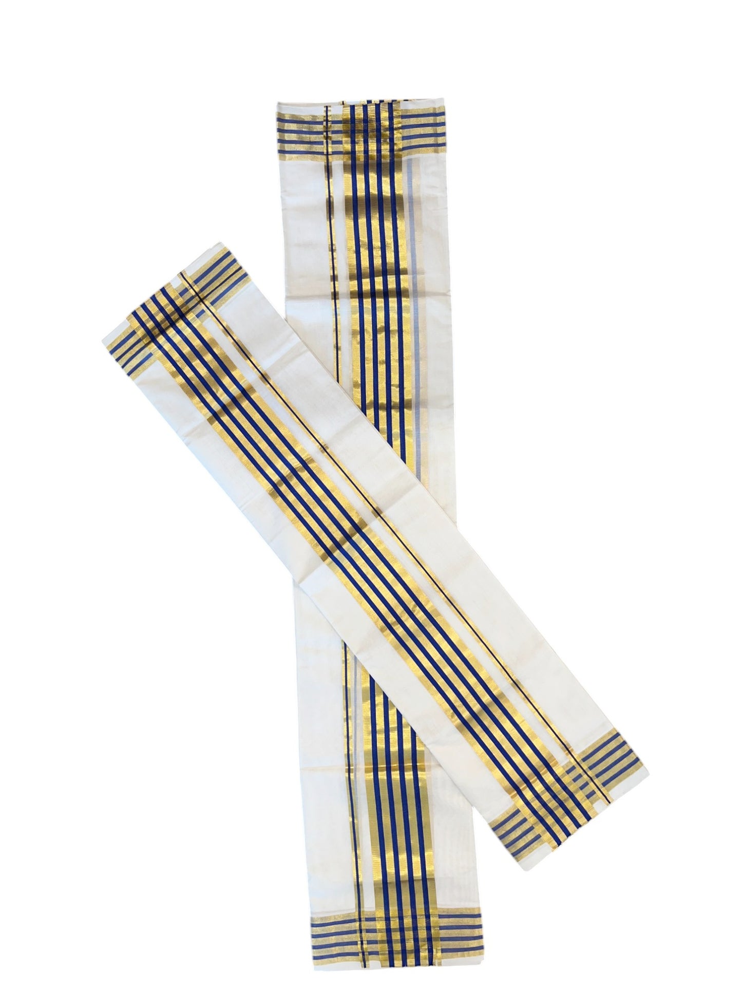 Southloom  Premium Handloom Cotton Set Mundu (Mundum Neriyathum) with Kasavu and Blue Lines Border 2.80 Mtrs