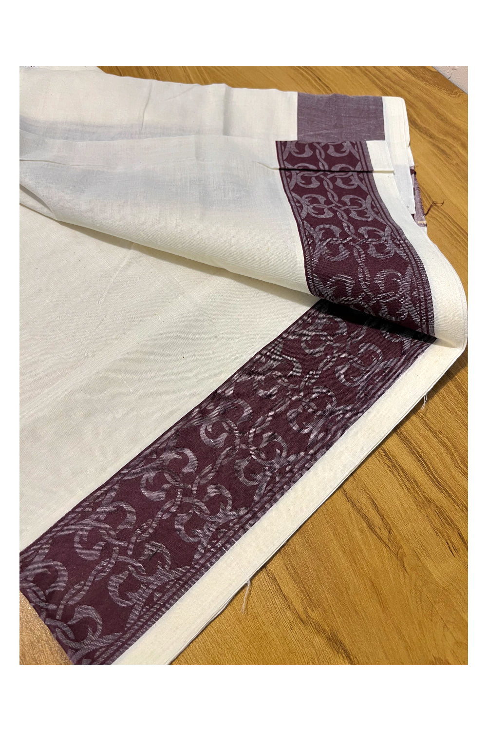 Kerala Cotton Single Set Mundu (Mundum Neriyathum) with Brown Block print Border 2.80Mtrs