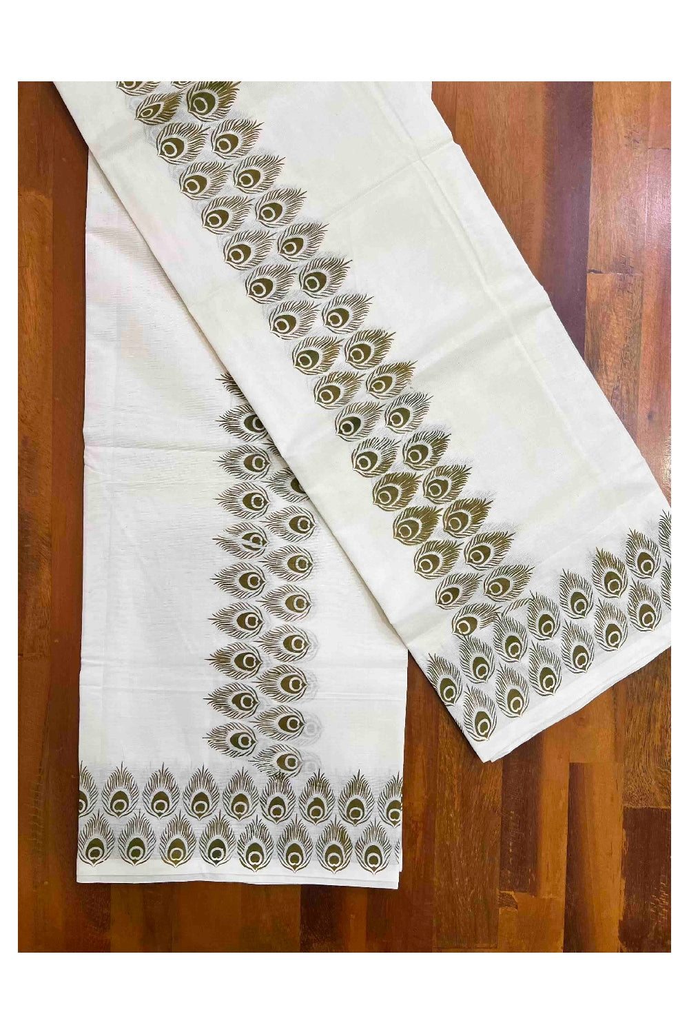 Kerala Cotton Mundum Neriyathum Single (Set Mundu) with Olive Green Feather Block Prints in Border 2.80 Mtrs