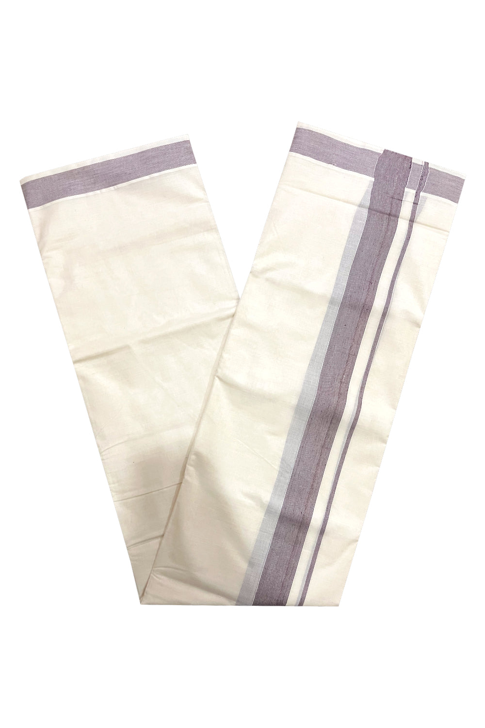 Off White Kerala Double Mundu with 2 inch Brown Line Border (South Indian Dhoti)