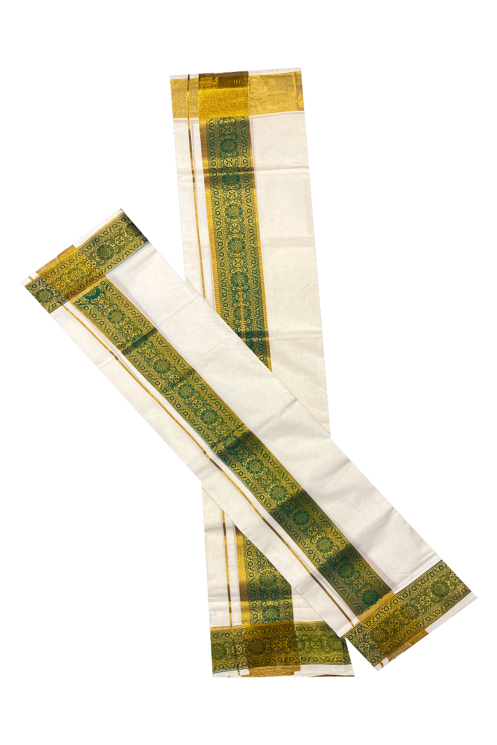 Kerala Pure Cotton Set Mundu Single (Mundum Neriyathum) with Green Block Prints on Kasavu Border 2.80Mtrs(Onam 2024 Collection)