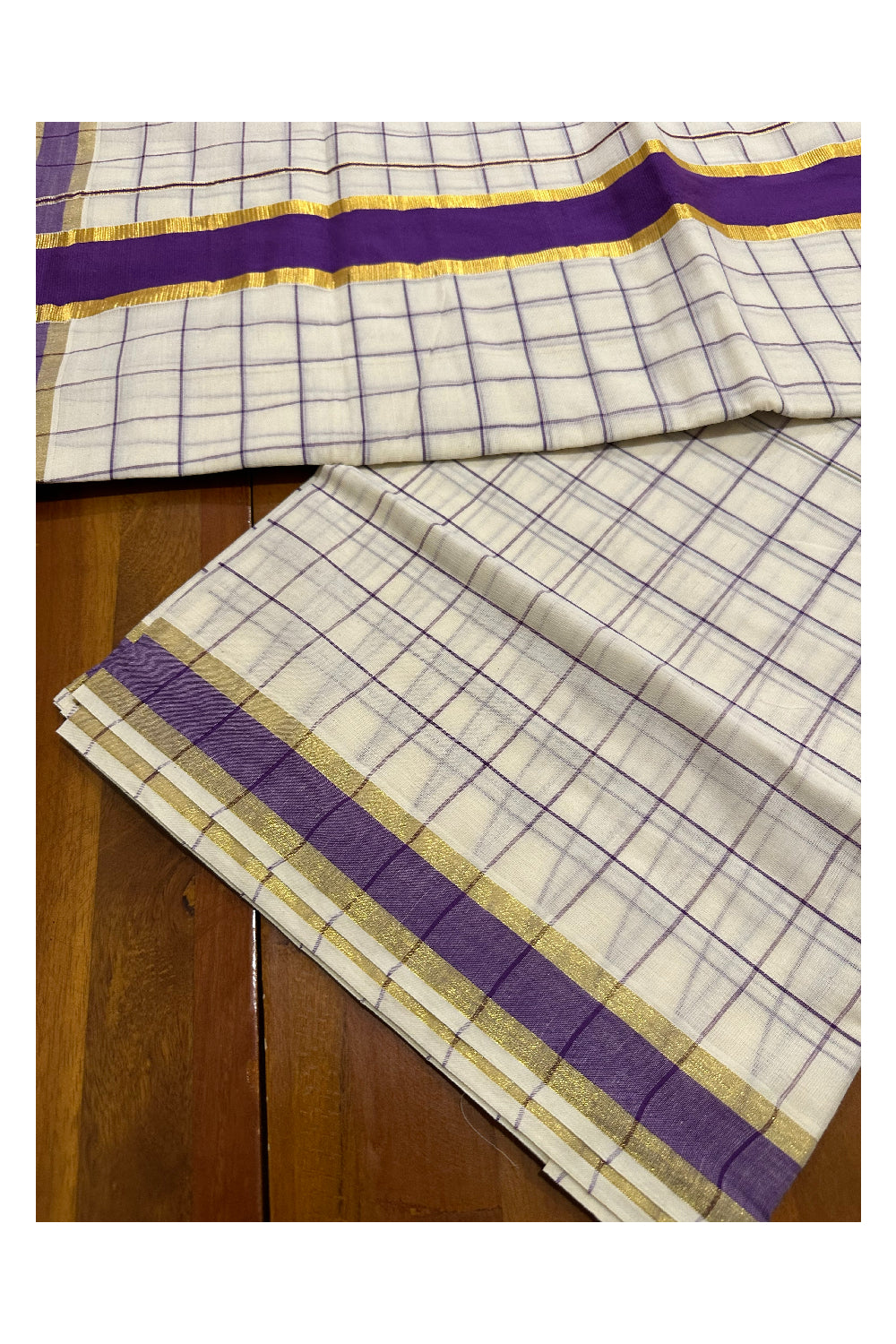 Kerala Woven Check Design Saree with Kasavu and Violet Border (Onam Saree 2023)