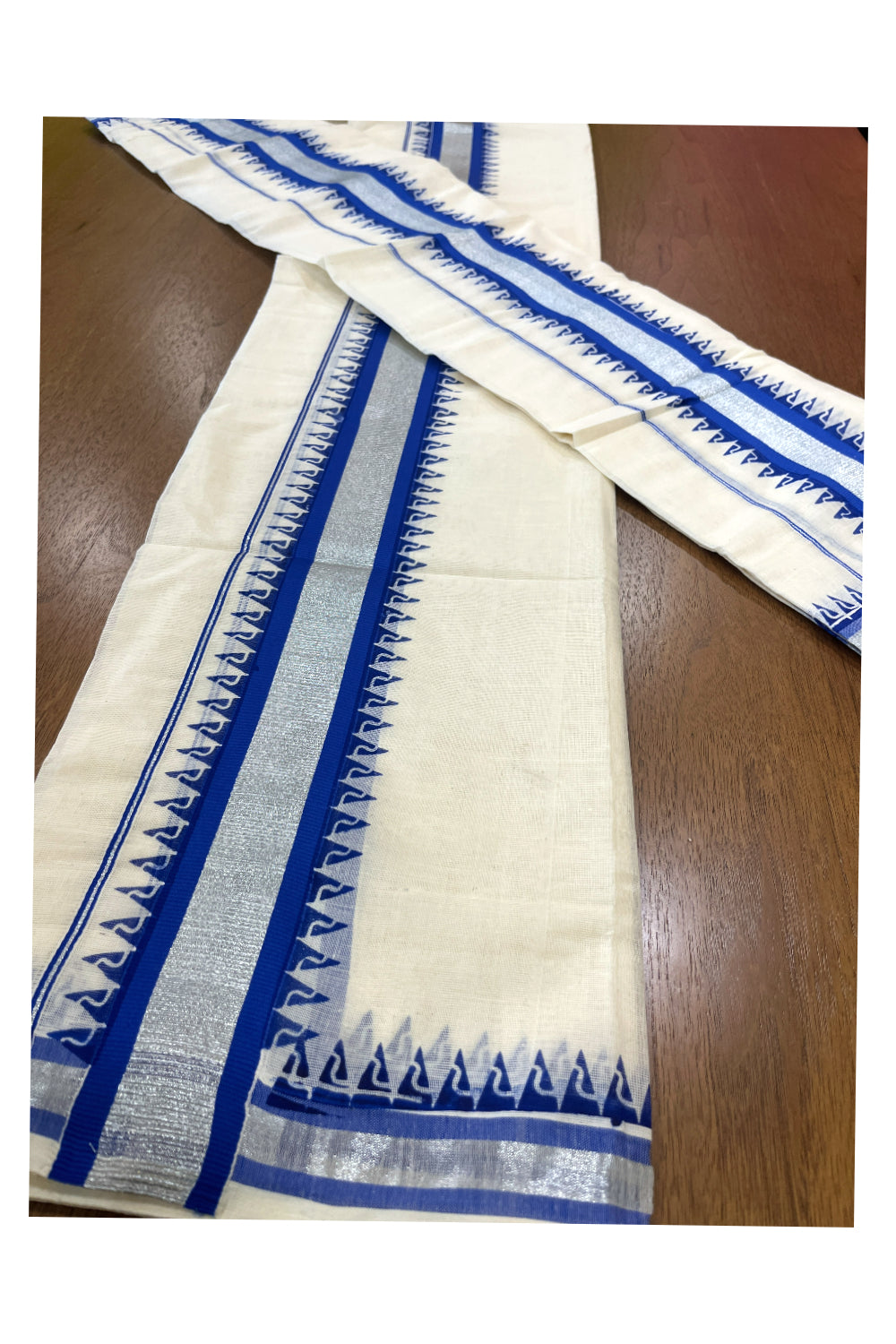 Cotton Single Set Mundu (Mundu Neriyathum) with Blue Temple Block Prints and Silver Kasavu Border