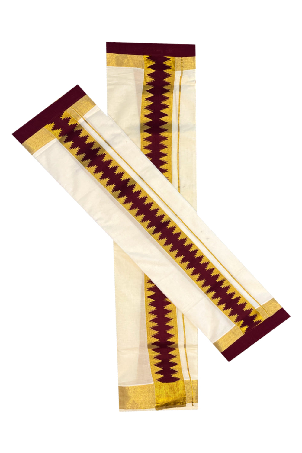 Kerala Cotton Single Set Mundu (Mundum Neriyathum) with Kasav Maroon Temple Applique Work Border 2.80Mtrs