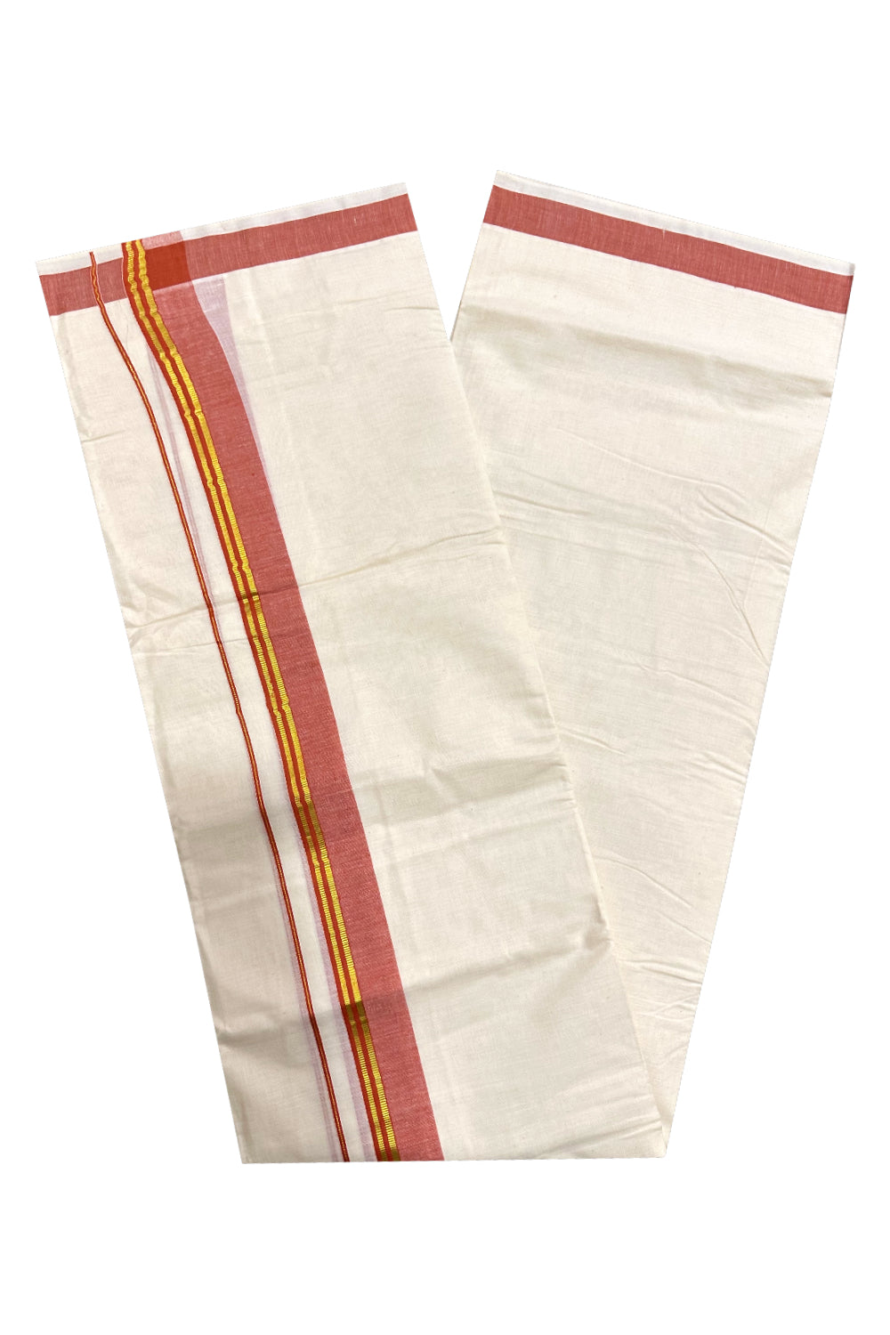 Kerala Cotton Double Mundu with Orange and Kasavu Border (Onam Mundu 2023)