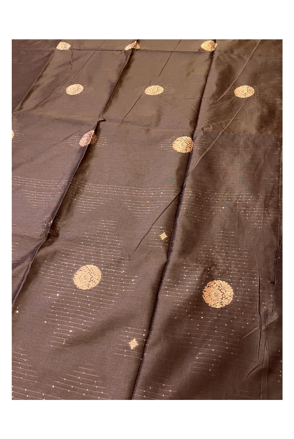 Southloom Semi SIlk Dark Brown Designer Saree with Woven Copper Butta Works on Body