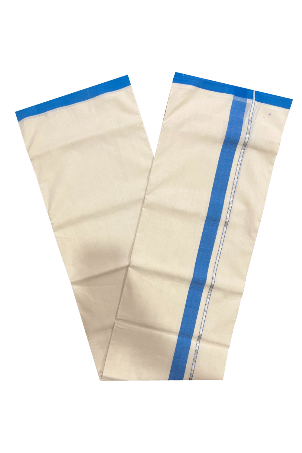 Southloom Premium Balaramapuram Unakkupaavu Handloom Mundu with Blue and Silver Kasavu Border (South Indian Kerala Dhoti)