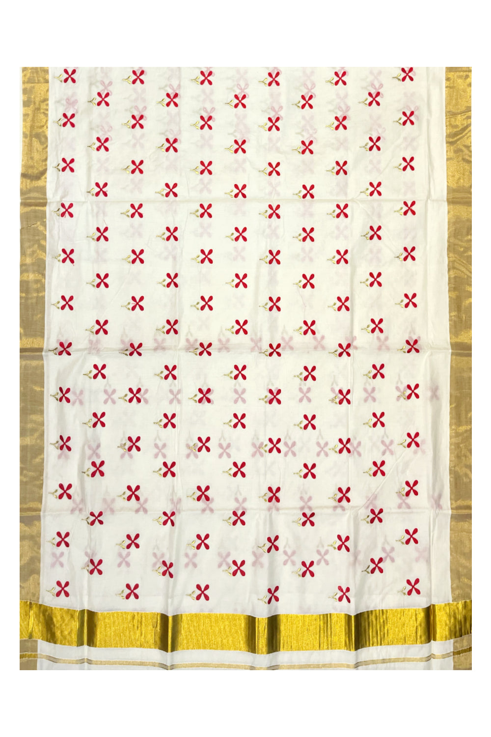 Pure Cotton Kerala Kasavu Saree with Red Floral Embroidery Designs