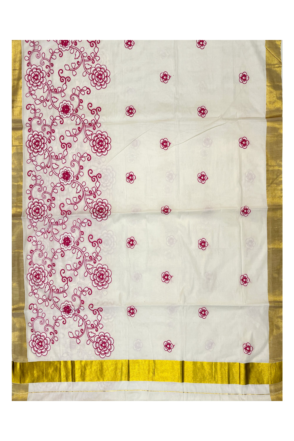 Southloom Kerala Cotton Kasavu Saree with Pink and White Floral Embroidery Designs