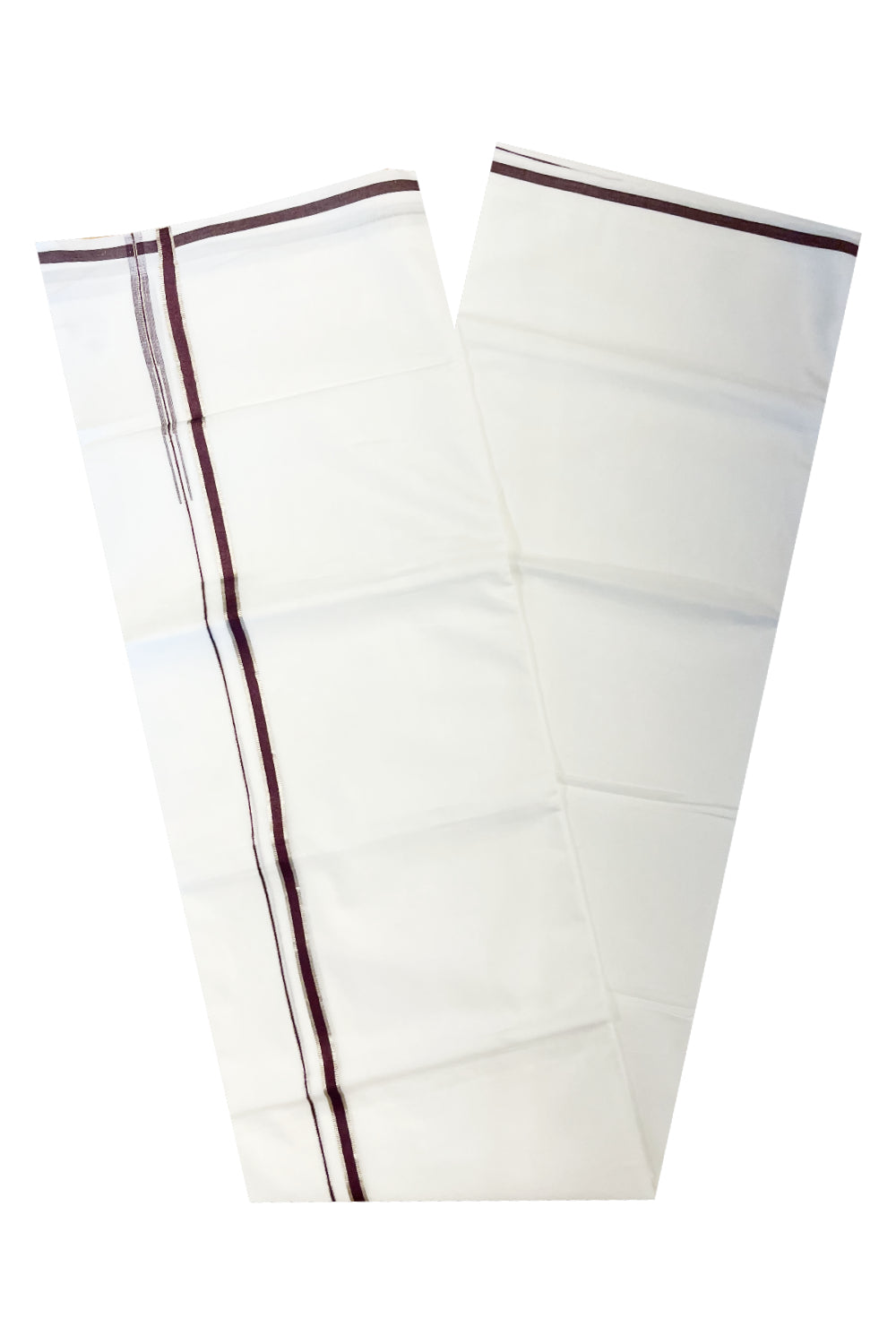 Pure White Cotton Double Mundu with Silver Brown Chutti Border (South Indian Kerala Dhoti)