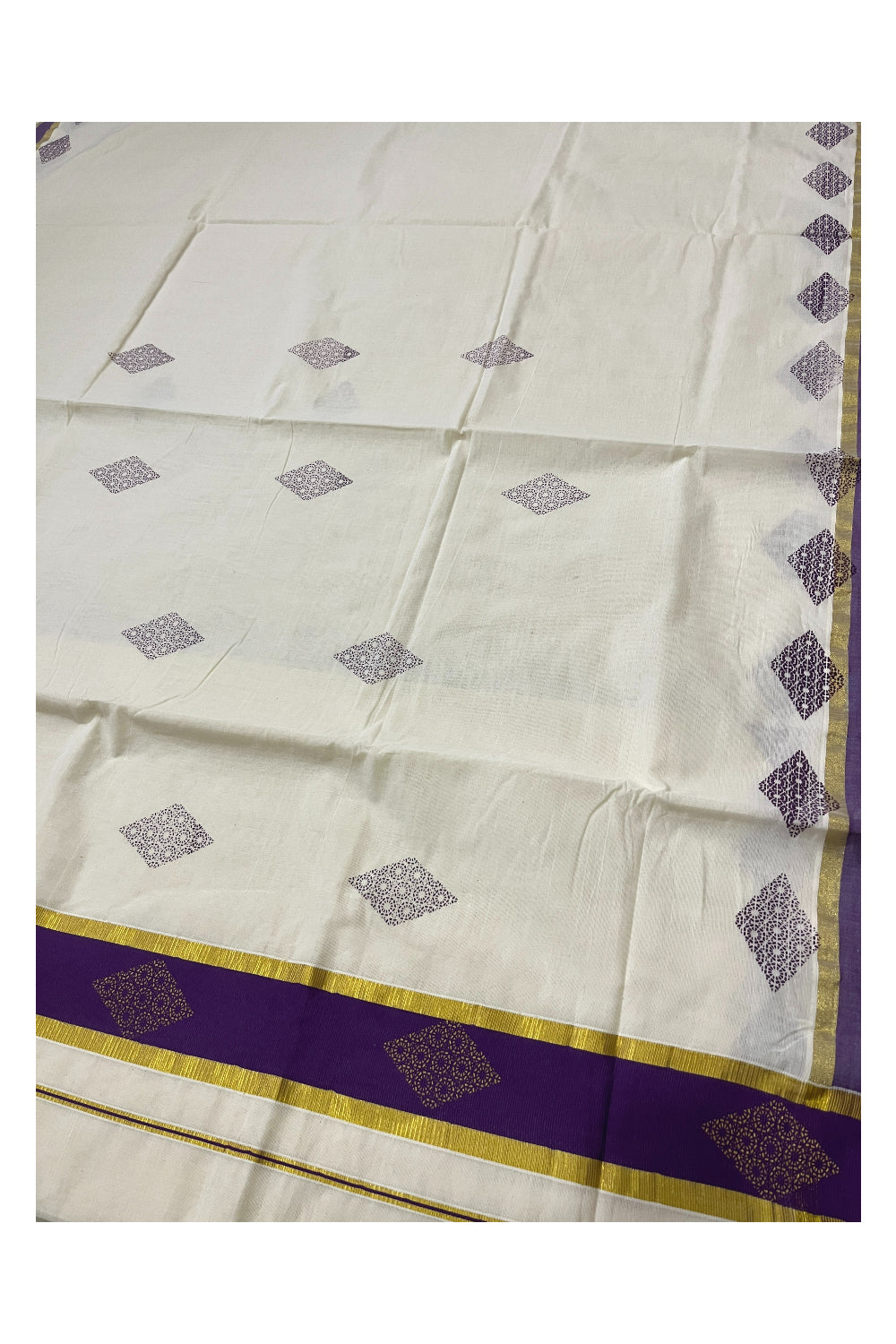 Pure Cotton Kerala Saree with Violet Block Prints and Kasavu Border