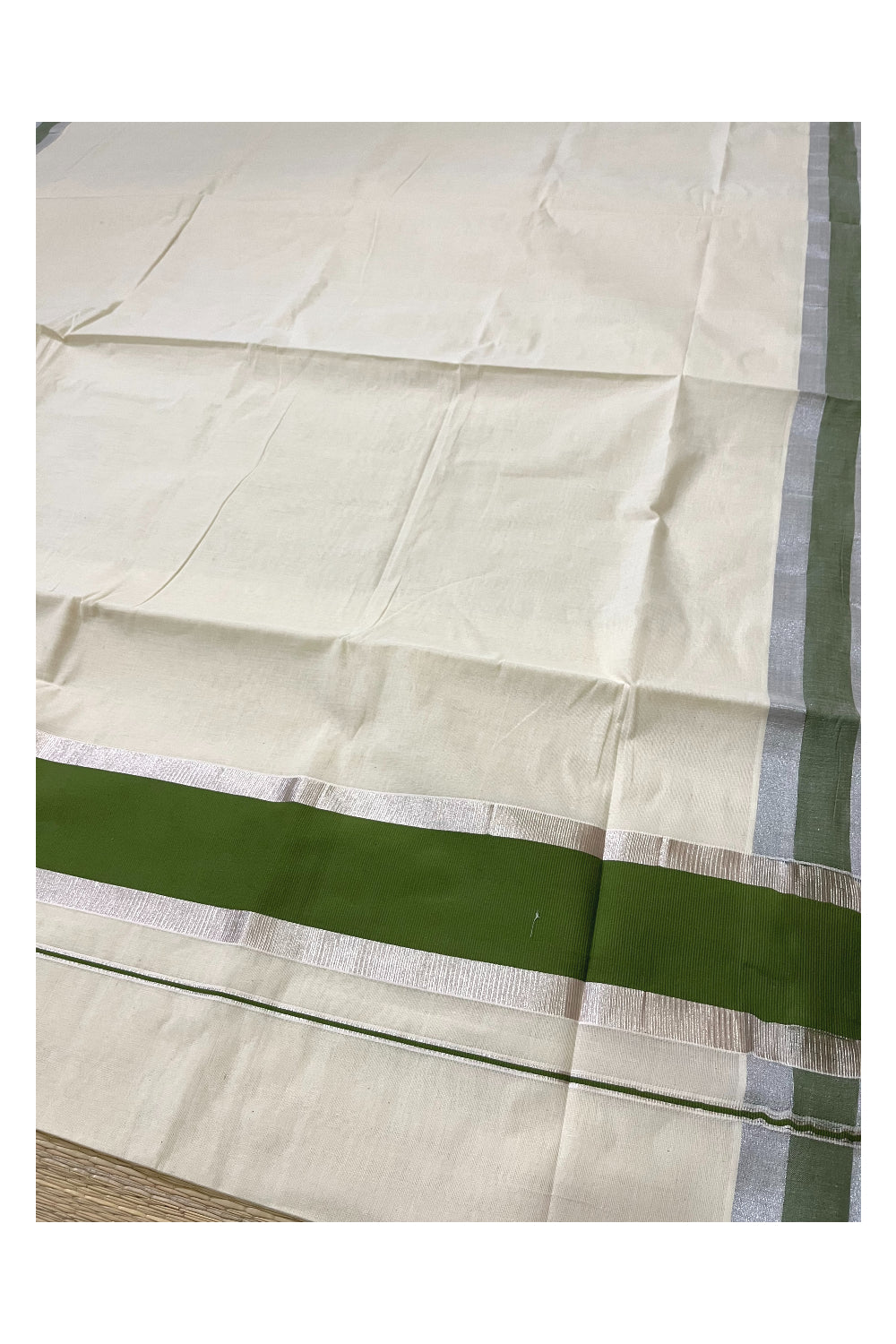 Pure Cotton Kerala Saree with Green and Silver Kasavu Border (Onam 2023 Saree)