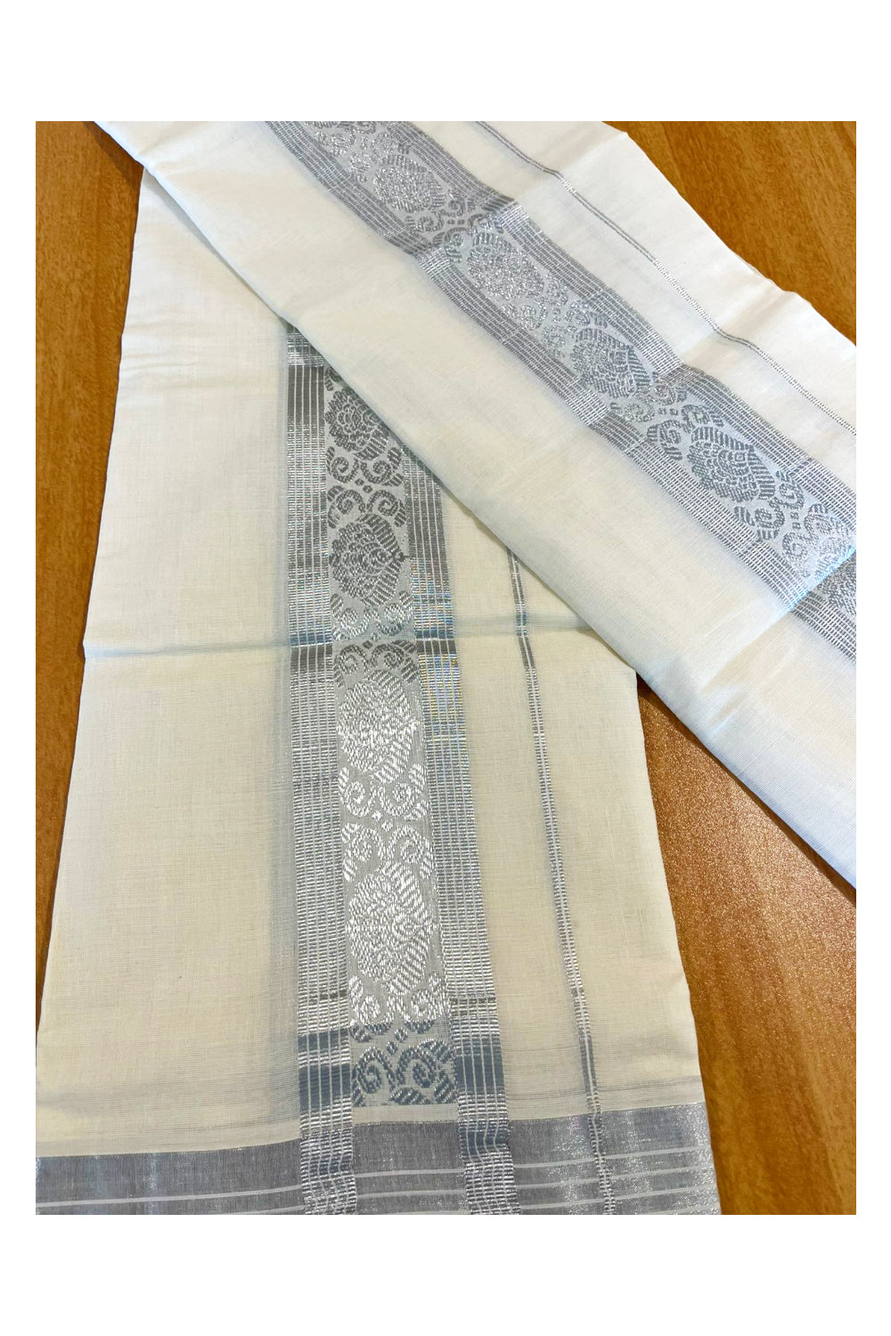 Kerala Pure Cotton Single Set Mundu  (Mundum Neriyathum) with Woven Designs on Silver Kasavu Border 2.80 Mtrs