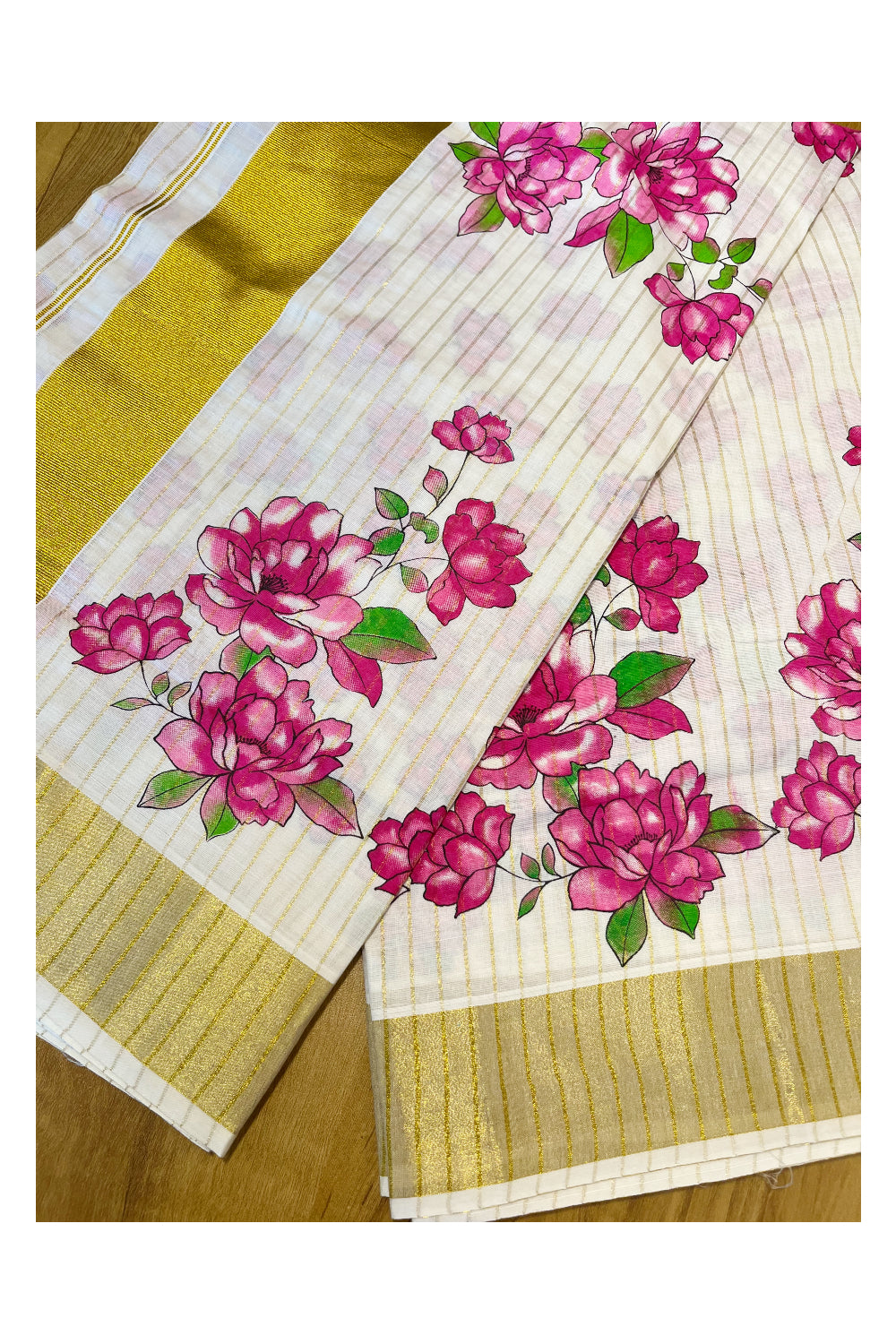 Kerala Pure Cotton Kasavu Lines Saree With Pink Floral Works on Border