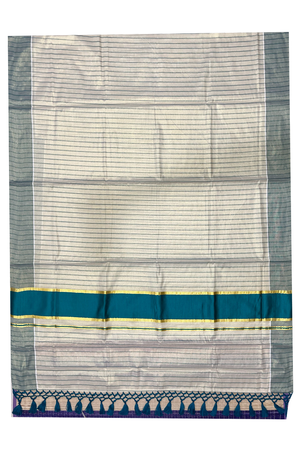 Kerala Tissue Green Striped Saree with Kasavu Border and Tassels Works (Vishu 2024 Collection)