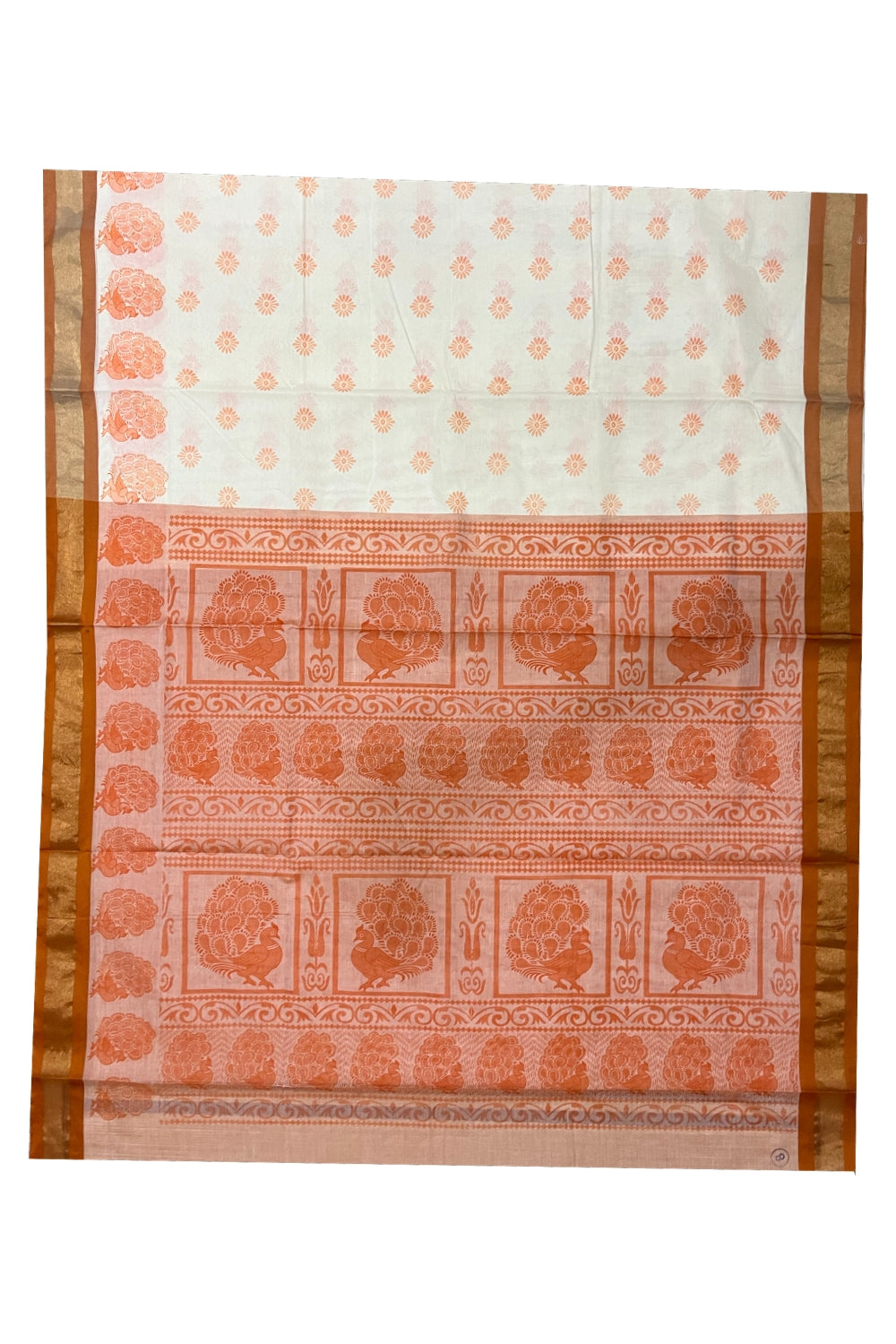 Pure Cotton Kerala Saree with Peach Block Print Designs and Kasavu Border (Vishu 2024 Collection)