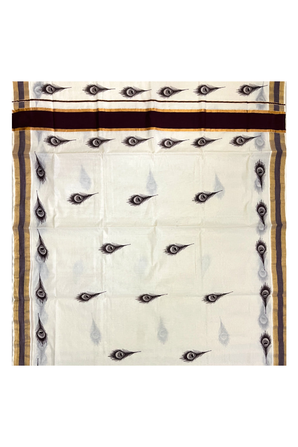 Pure Cotton Kerala Saree with Brown Feather Block Printed Kasavu Border