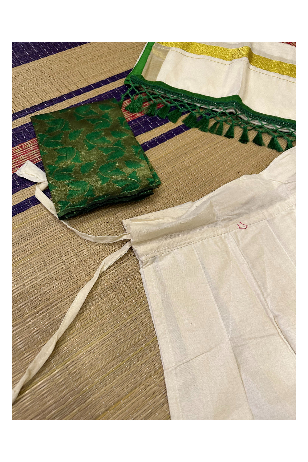 Semi Stitched Dhavani Set with Cotton Pavada and Light Green Woven Work Blouse Piece