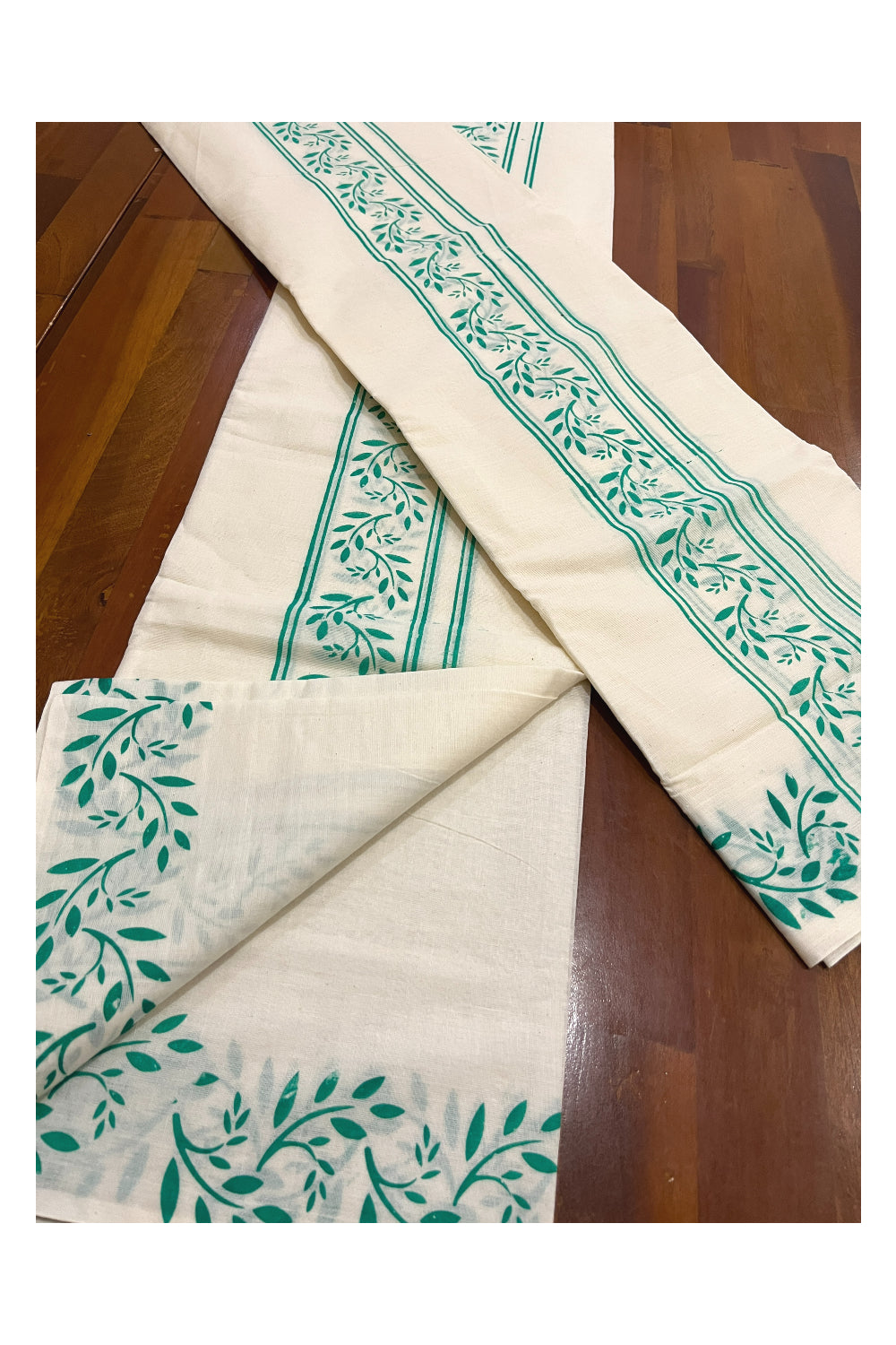 Pure Cotton Kerala Single Set Mundu (Mundum Neriyathum) with Green Block Prints on Border