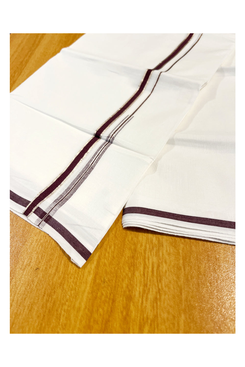 Pure White Cotton Double Mundu with Silver Brown Chutti Border (South Indian Kerala Dhoti)