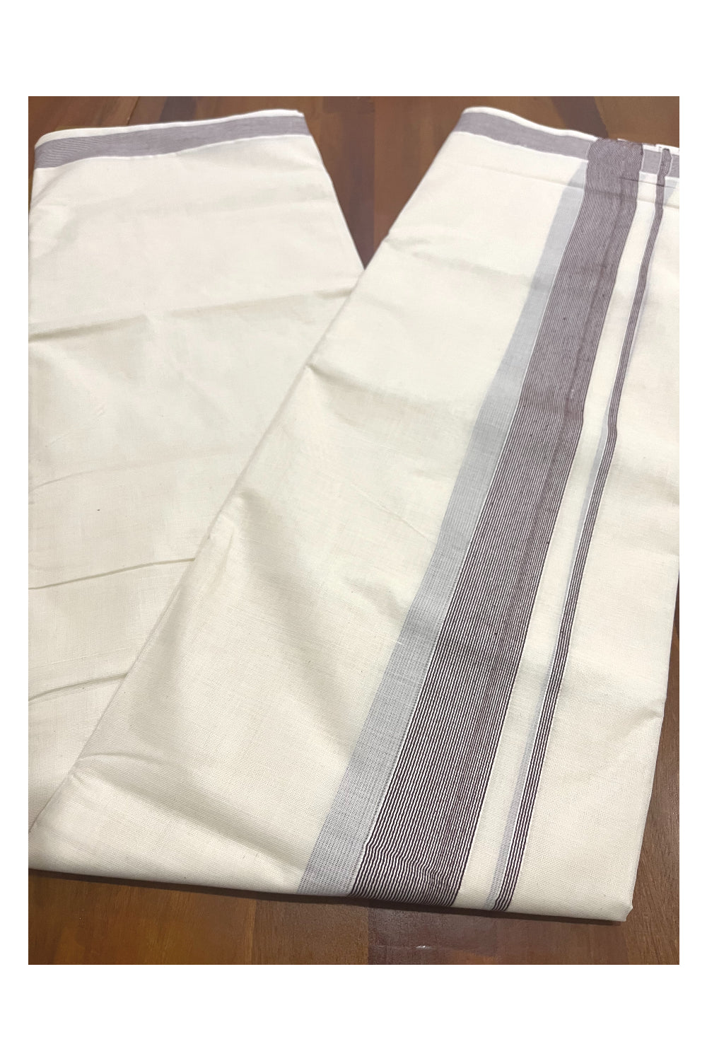 Off White Kerala Double Mundu with 2 inch Brown Line Border (South Indian Dhoti)