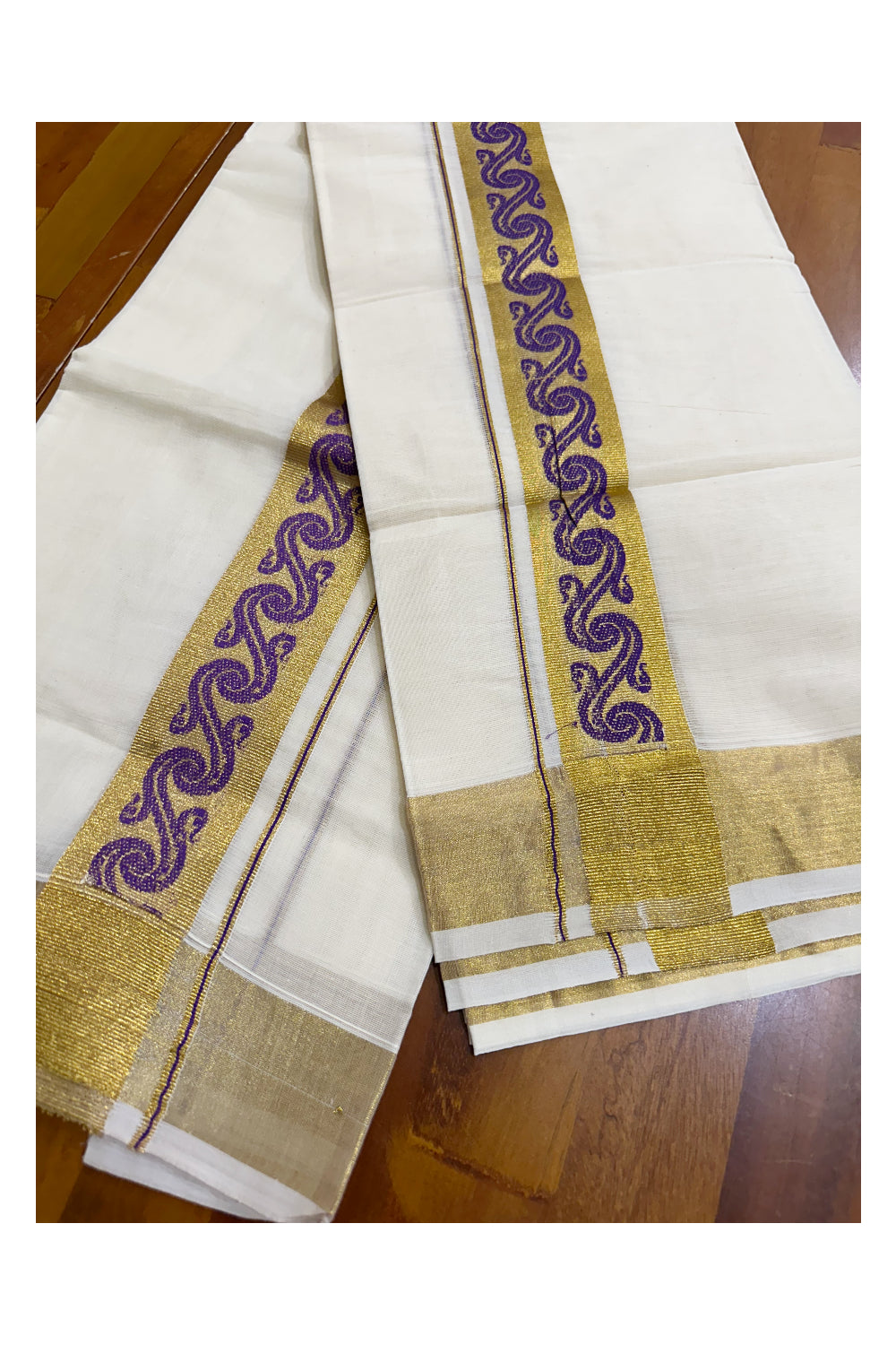 Kerala Pure Cotton Single Set Mundu (Mundum Neriyathum) with Violet Block Prints on Kasavu Border-2.80Mtrs