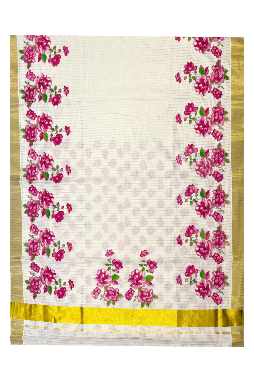 Kerala Pure Cotton Kasavu Lines Saree With Pink Floral Works on Border