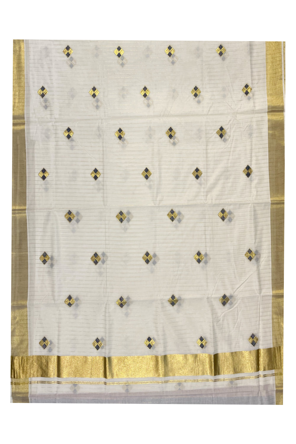 Kerala Cotton Kasavu Lines Saree with Blue and Golden Diagonal Embroidery Work