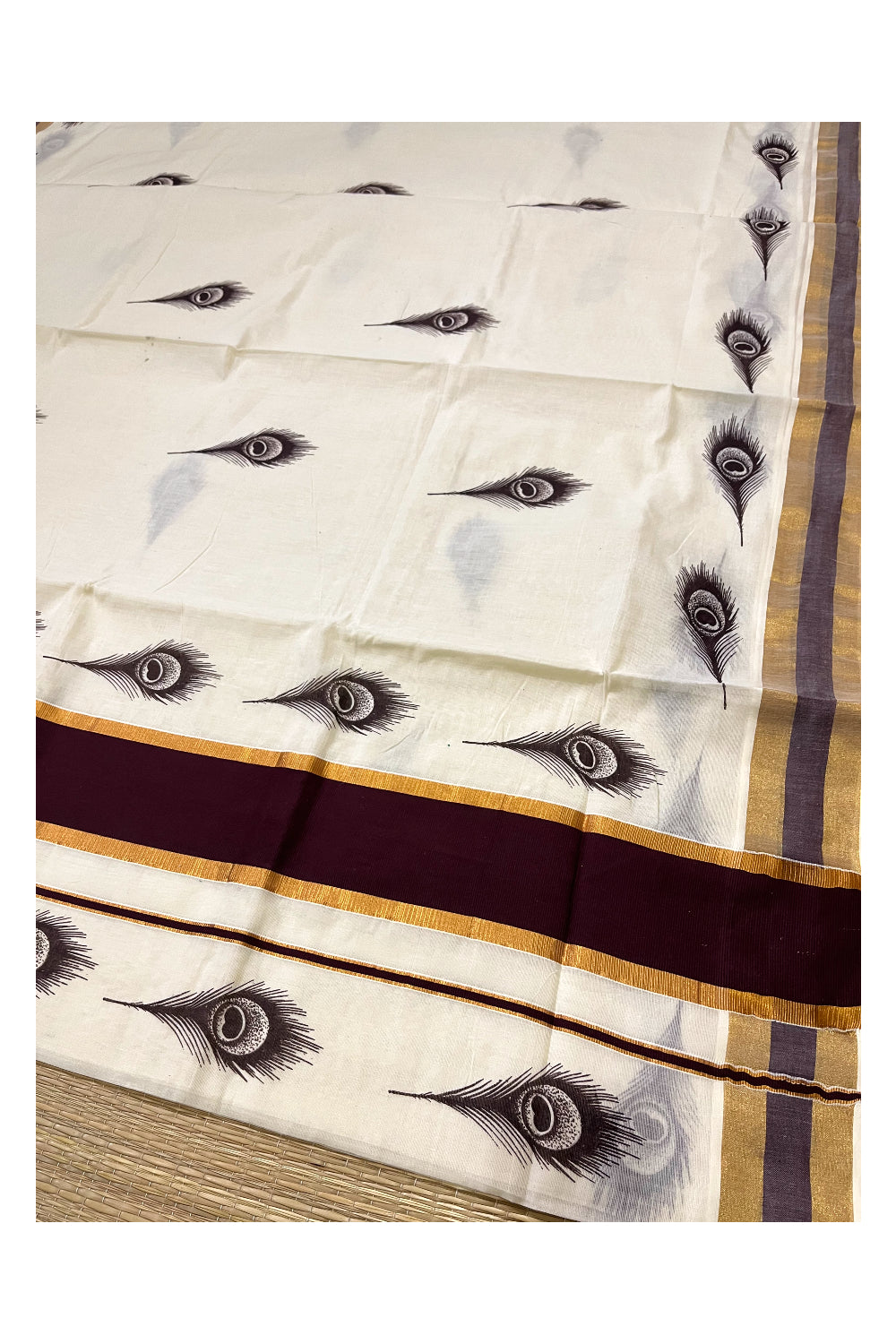 Pure Cotton Kerala Saree with Brown Feather Block Printed Kasavu Border