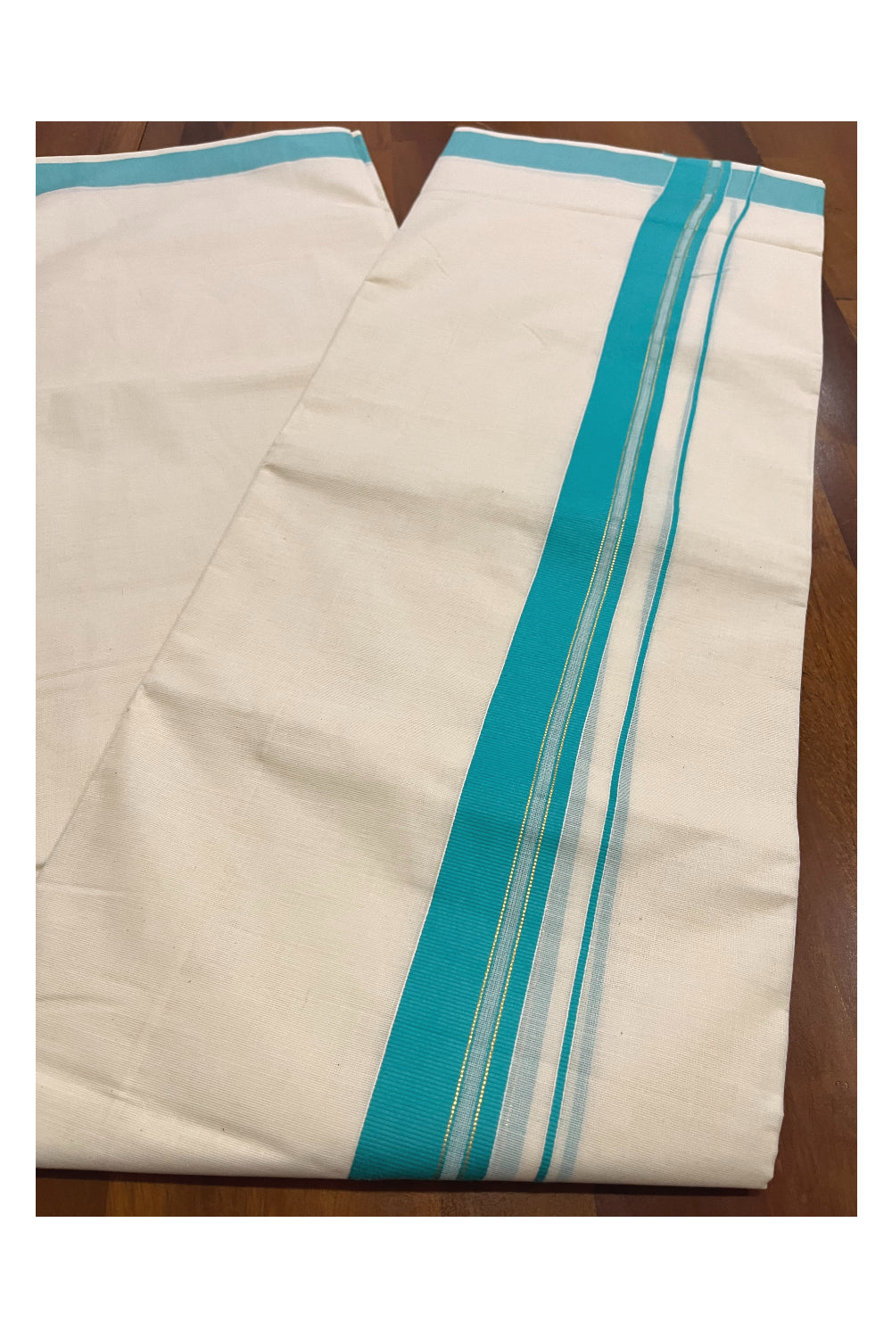 Pure Cotton Kerala Double Mundu with Turquoise and Kasavu Line Kara (South Indian Kerala Dhoti)