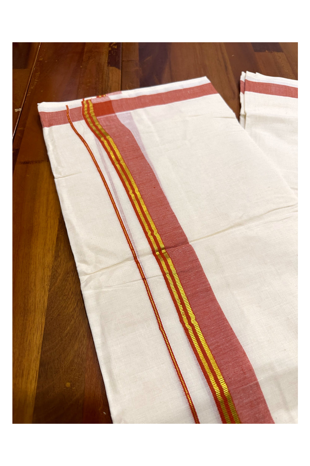 Kerala Cotton Double Mundu with Orange and Kasavu Border (Onam Mundu 2023)