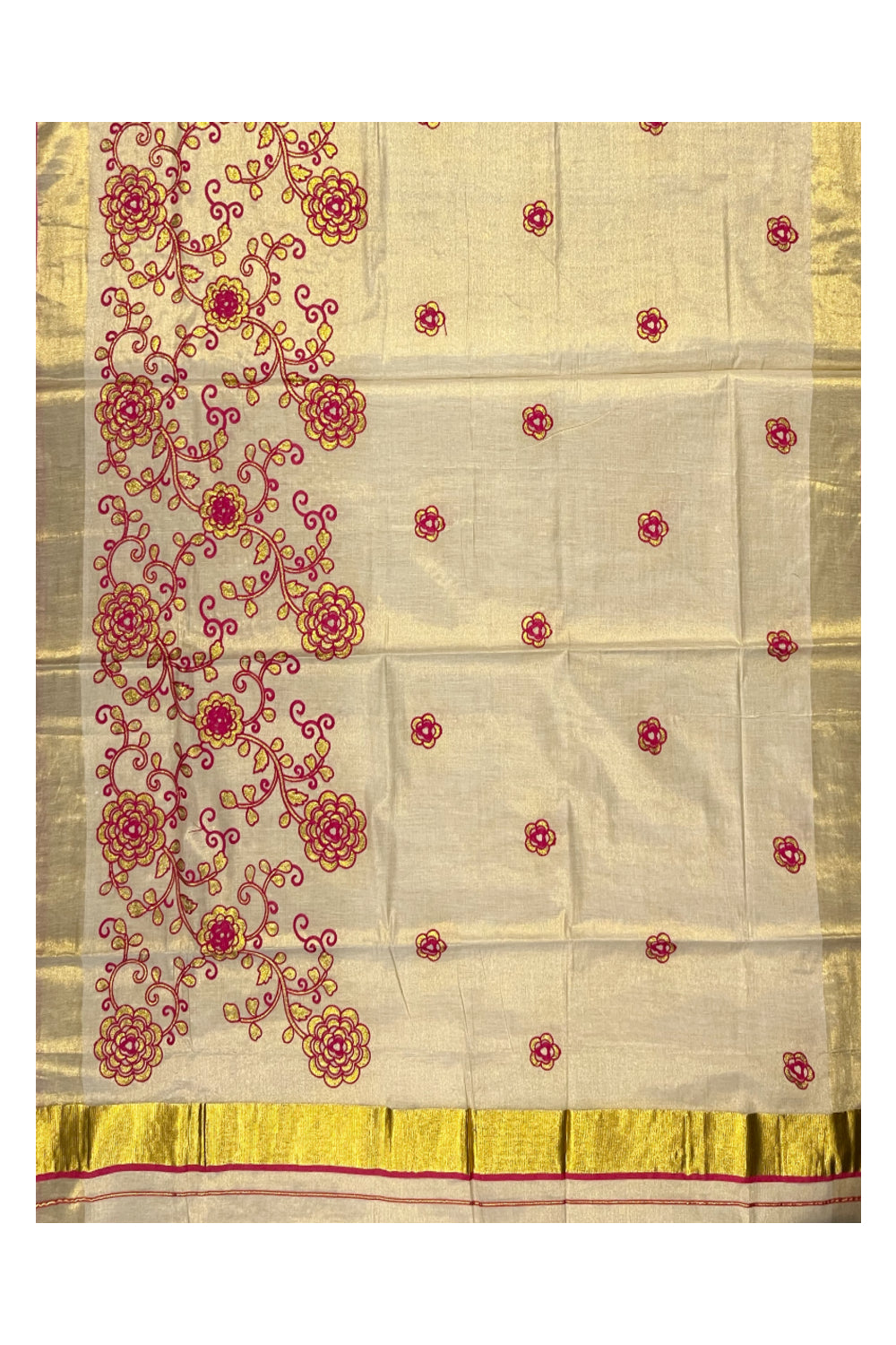 Kerala Tissue Kasavu Saree With Pink and Golden Floral Embroidery Works