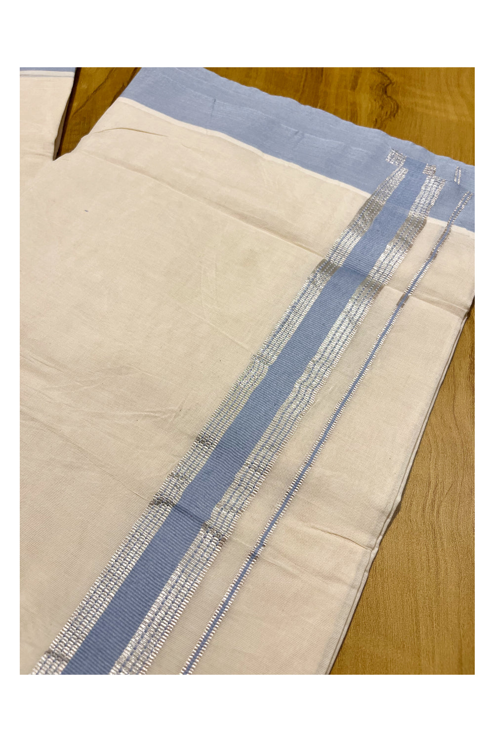 Pure Cotton Off White Double Mundu with Silver Kasavu and Blue Border (South Indian Kerala Dhoti)