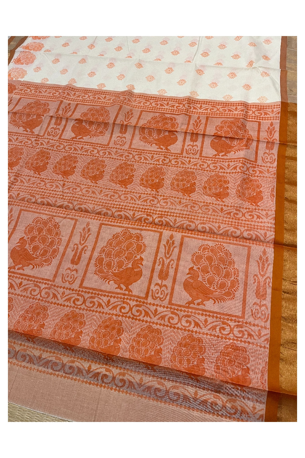 Pure Cotton Kerala Saree with Peach Block Print Designs and Kasavu Border (Vishu 2024 Collection)