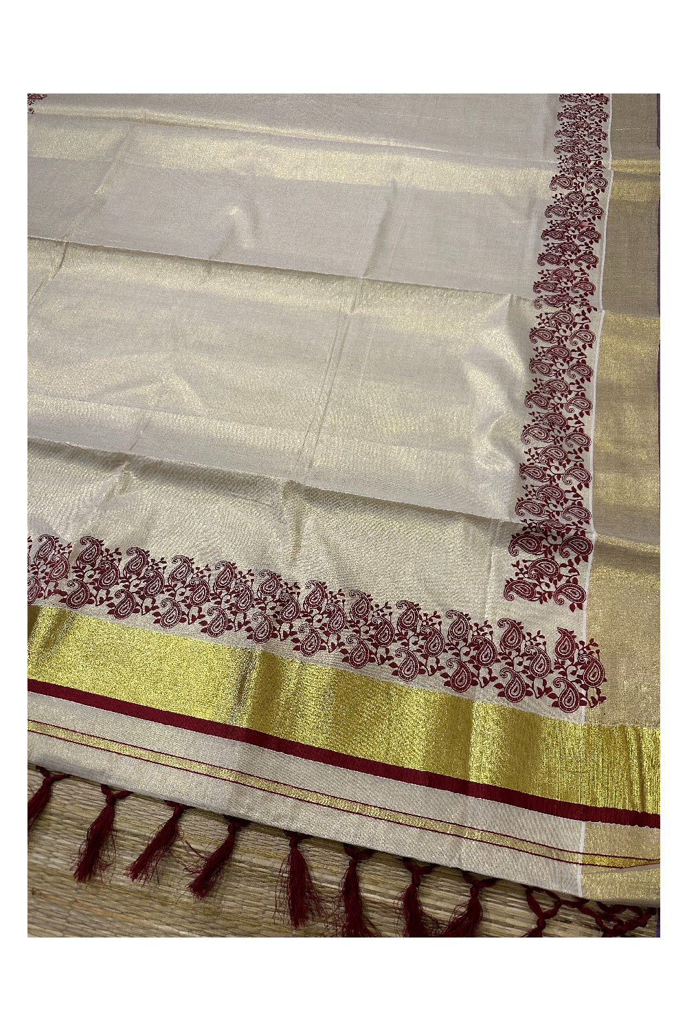 Kerala Tissue Kasavu Saree with Maroon Paisley Block Prints and Tassels Works on Pallu (Onam Saree 2023)