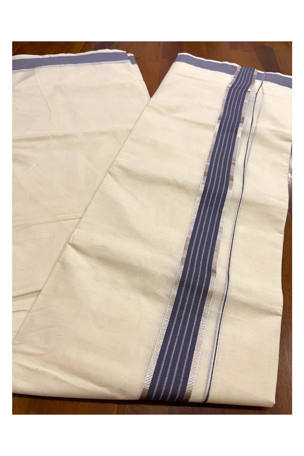 Kerala Cotton Double Mundu with Dark Grey and Silver Kasavu Line Border (Onam Mundu 2023)