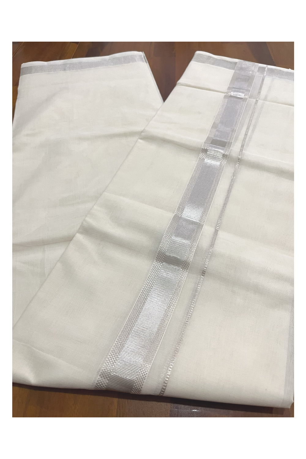 Southloom Premium Handloom Cotton Double Mundu with Silver Kasavu Design Border (Onam Mundu 2023)