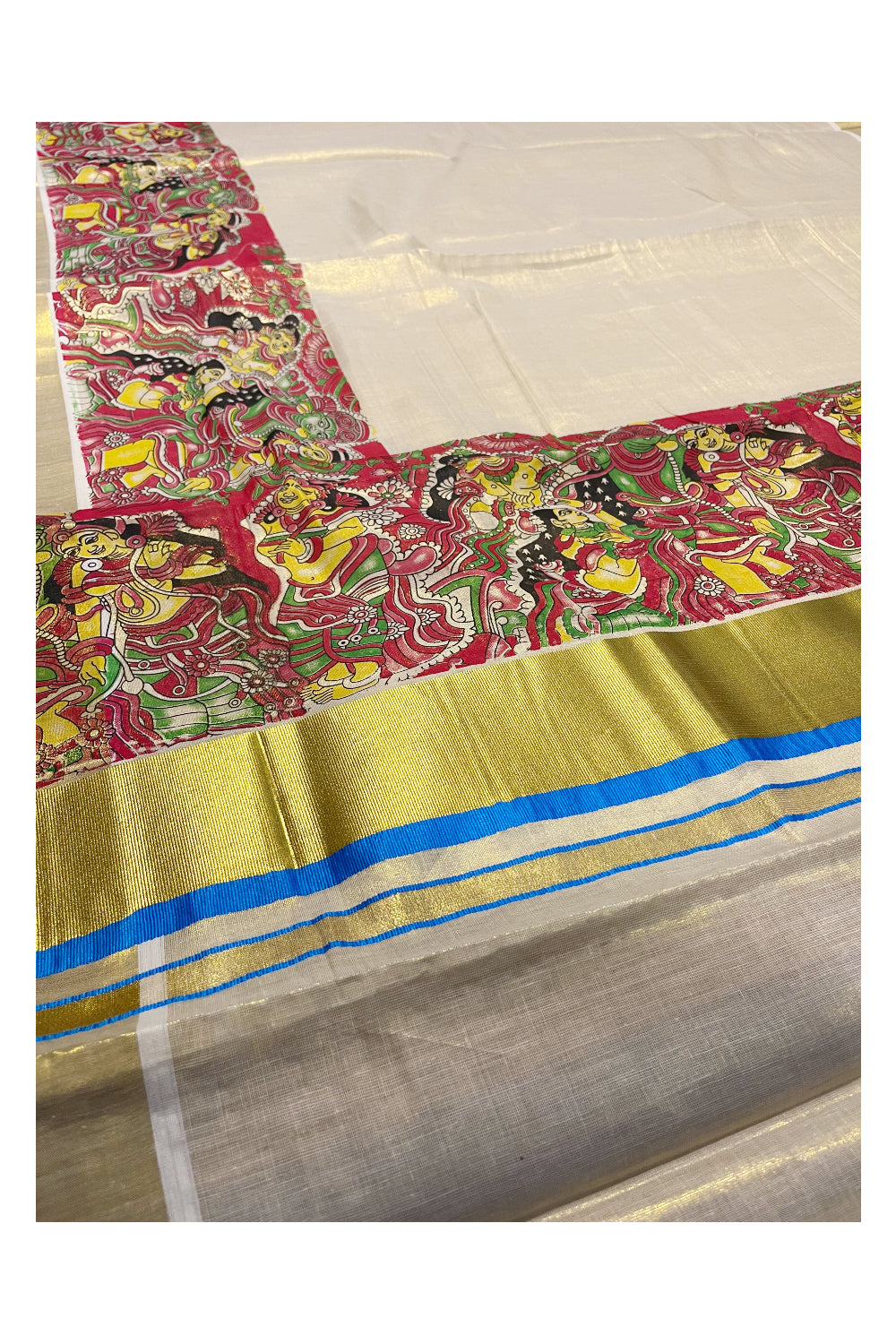 Kerala Tissue Kasavu Saree with Mural Art Printed Design and Blue Border