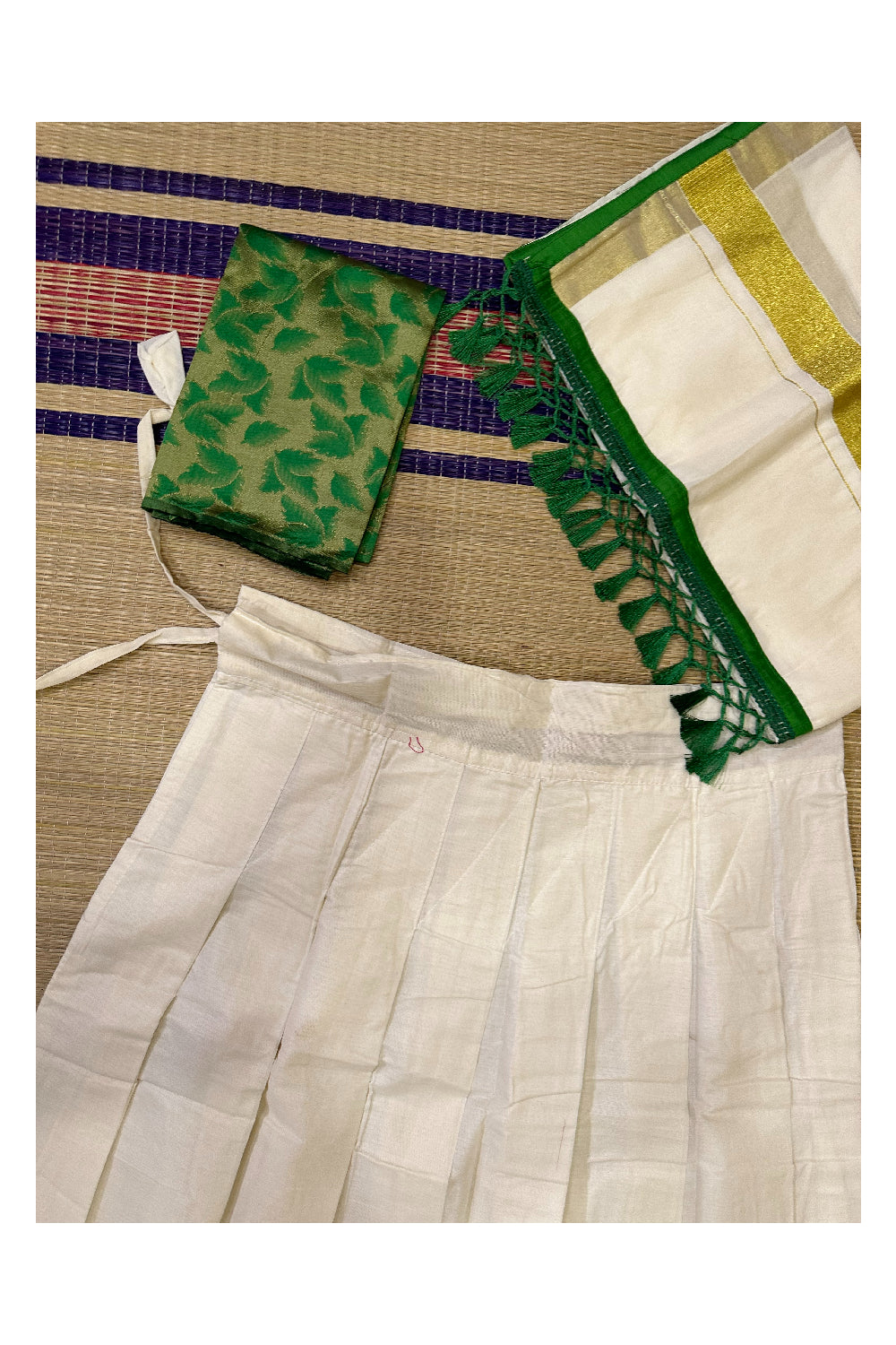 Semi Stitched Dhavani Set with Cotton Pavada and Light Green Woven Work Blouse Piece