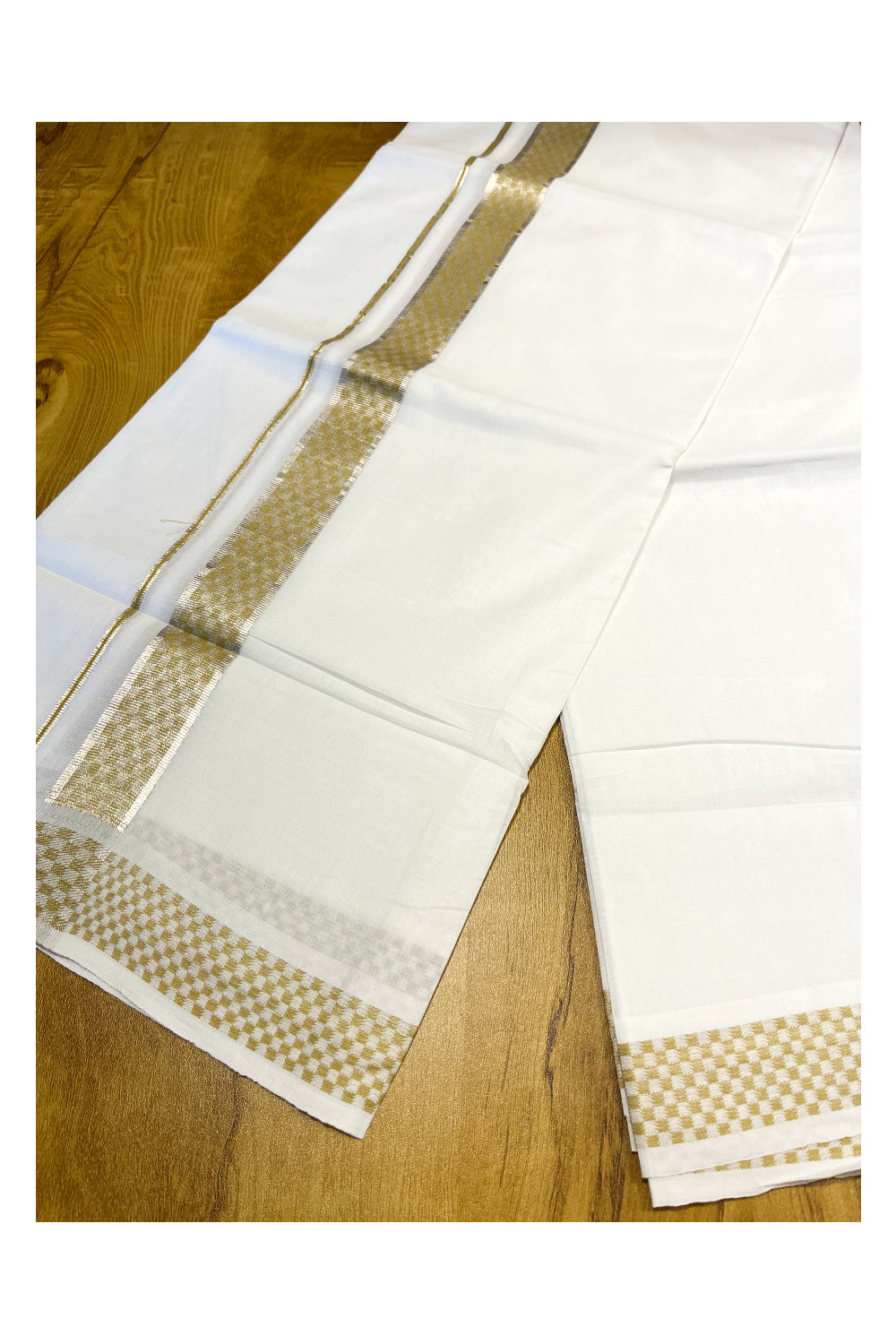 Pure White Cotton Double Mundu with Silver Kasavu and Olive Green Woven Border